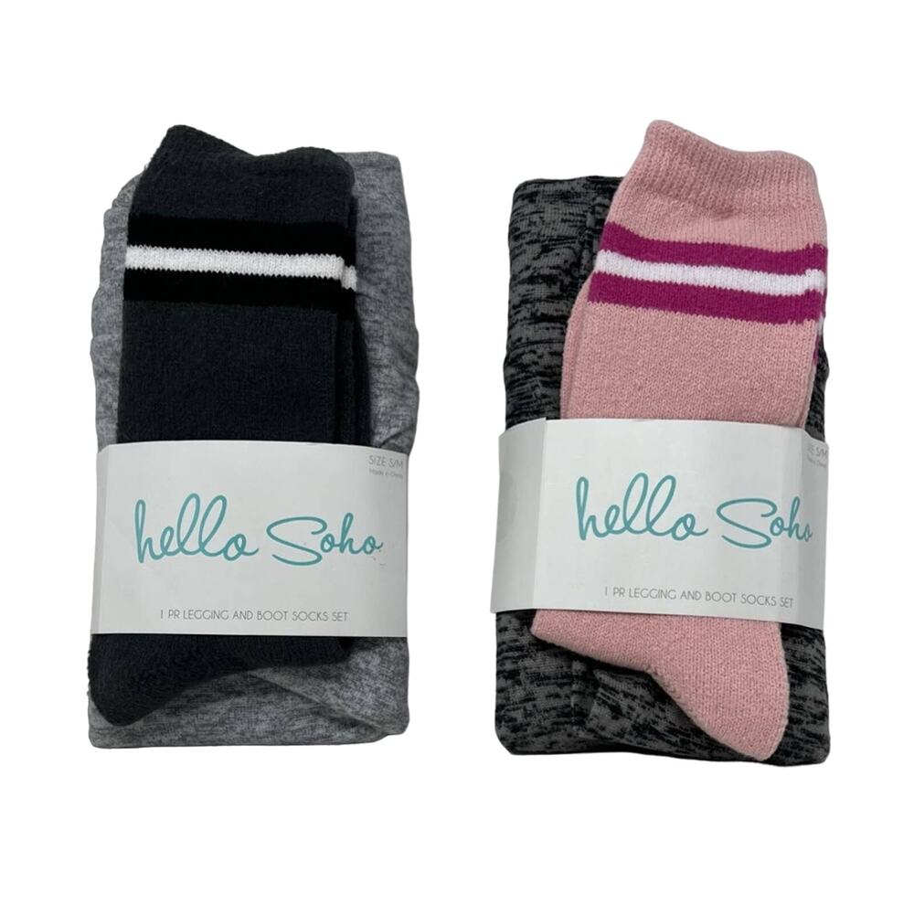 HELLO SOHO- 2 SETS Small Leggings & Boot Sock Black & Gray And Gray & Pink Set